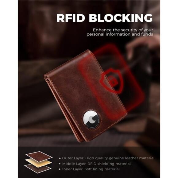 Bifold Full Grain Leather AirTag Wallet for Men, Minimalist Front Pocket Wallet - Picture 6 of 7